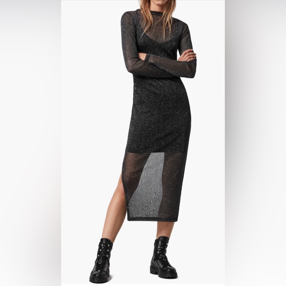 All Saints Francesco Rushed Black Metallic Midi Dress Small